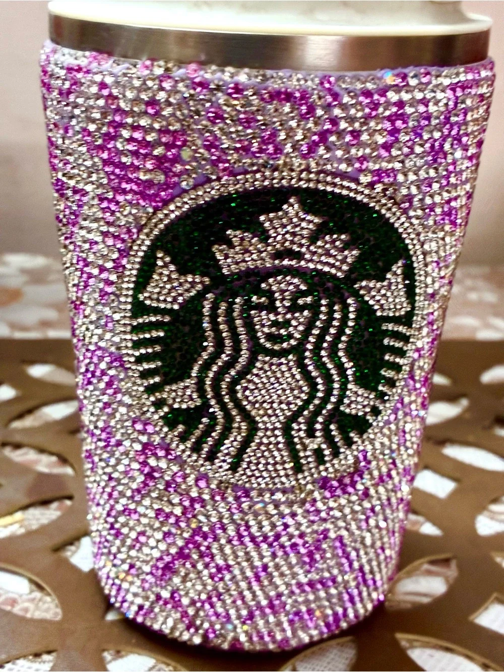 Ideal !Sparkling purple white Rhinestone crystal temp temp check Travel Tumbler